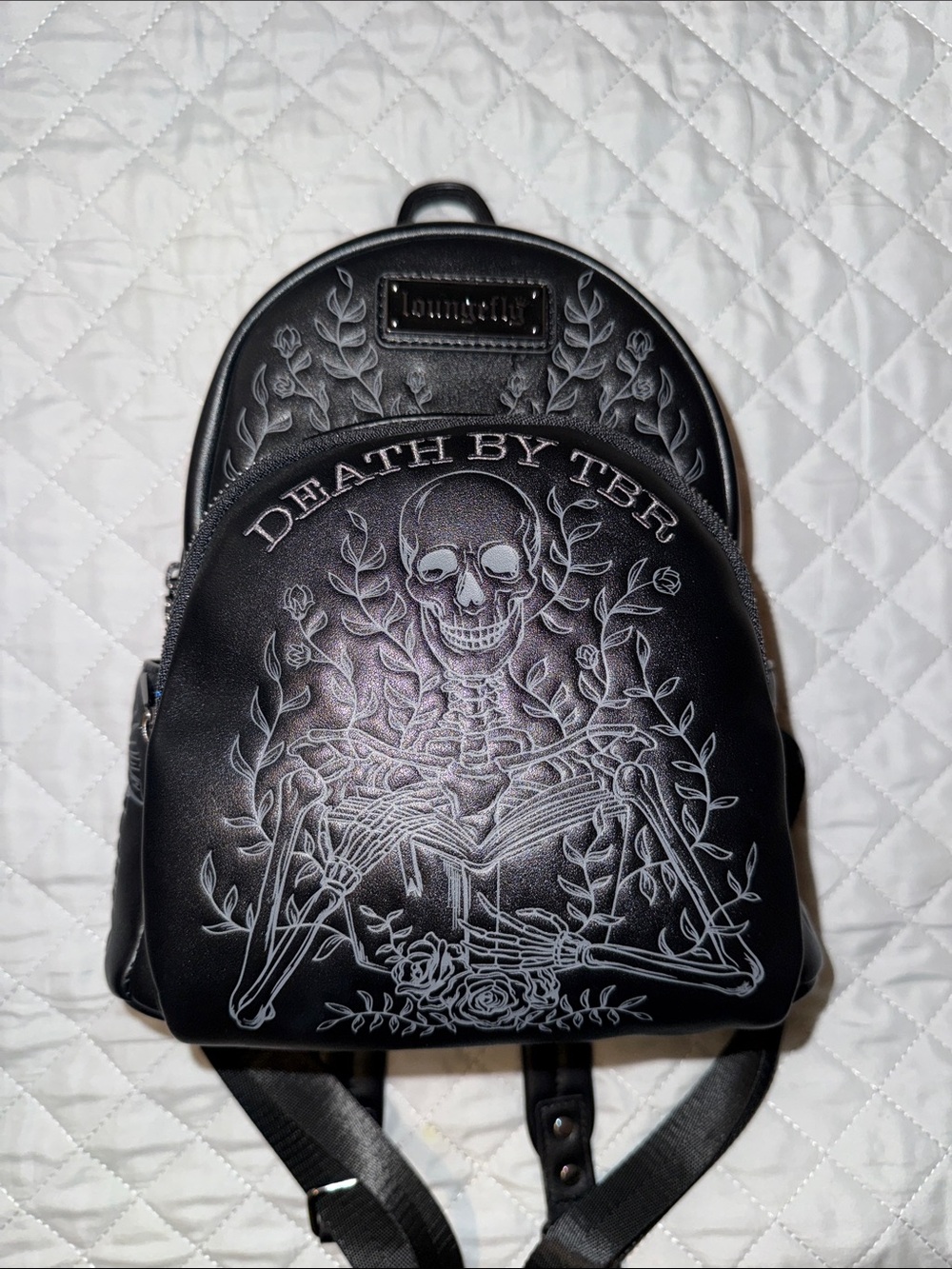 Loungefly Black 'Death By TBR' Skeleton Embossed Mini Backpack